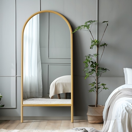 Homeroots 71" Natural Arch Wood Framed Standing Mirror 565052