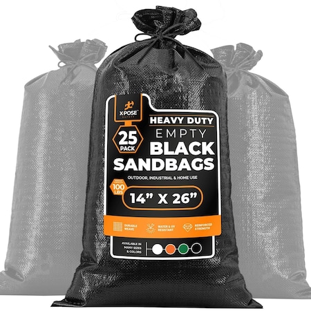 Xpose Safety Woven Black Polypropylene Sandbags, 14x26 in, 100 lb Capacity, Reusable Flood Protection, 25PK SBB-HVY-1426-25-X