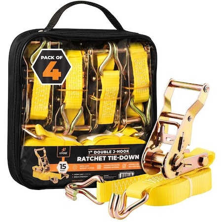 Xpose Safety Ratchet Straps Heavy Duty, 1 In x 15 FT Tie Down Straps Ratchet Operated with Double J Hooks, 4-PK RTD115-DJH-4-X