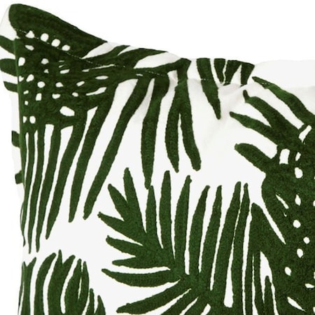 Homeroots 13" X 21" Green And White Tropical Botanical Linen Throw Pillow Cover with Embroidery 608182