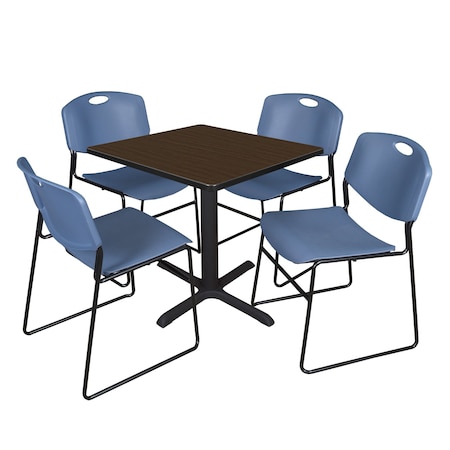 Regency Square Cain Breakroom Table W/ 4 Zeng Stack Chairs, 30 in W, 30 in L, Neo Walnut TB3030NW44BE