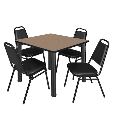Regency Square Kee Breakroom Table W/ 4 Restaurant Stack Chairs, 42 in W, 42 in L, Noble Oak TB4242NOBPBK29BK