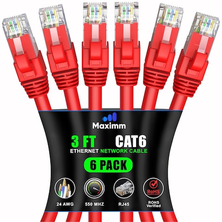 Maximm Cat6 Ethernet Cable 3ft 10Gbps 550MHz UTP, 6PK, Red, 6PK CAT6CCA-3RD-6PK