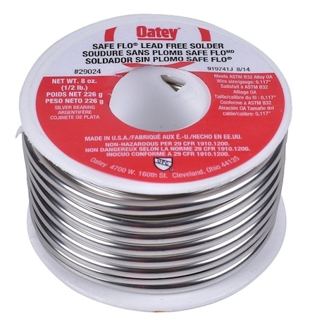 Oatey Safe-Flo Wire Solder, 1/2 lb, Solid, Silver, 415 to 455 deg F Melting Point 29024