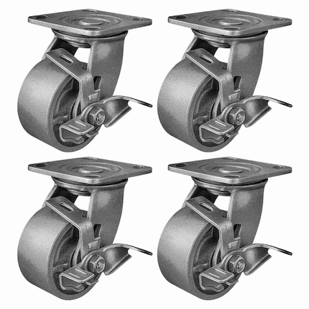 Hyw Products Heavy Duty Caster Set 4in Steel Wheels, 4 Swivel with Brake, 4PK 40-40S-A1-SS-TB-4