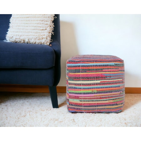 Homeroots 18" Red And Black Cotton Cube Striped Pouf Ottoman 534109