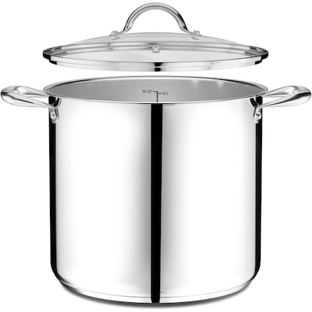 Emporio Kitchen Stainless Steel 16QT Stockpot with Glass Lid, Even-Heat Base, Riveted Handles, Oven Safe EMPKSSTKP16