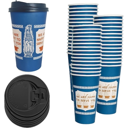Ecoquality 20oz Insulated Paper Hot Cups With Black Dome Lids New York Greek Design Cups, 150PK EQ20OZANGPCBDL-150