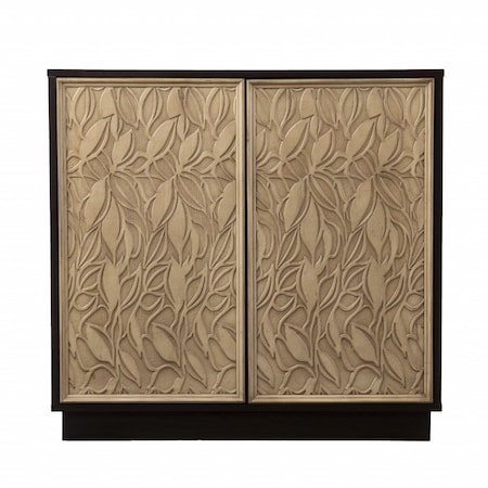 Homeroots 32in Dark Brown And Natural Carved Floral Sideboard with Two Doors 401696