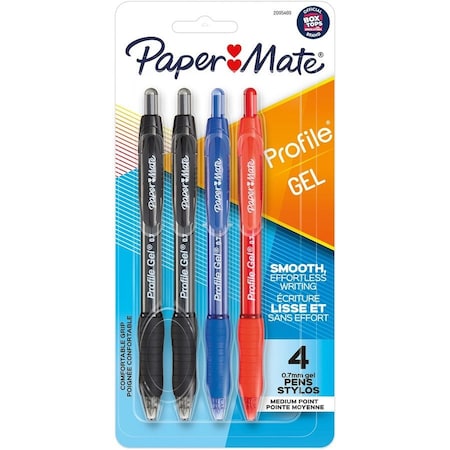 Paper Mate Profile Gel Pen - 0.7 mm Medium Pen Point - Retractable - Black, Blue, Red, Assorted Ink, 6PK 2095469