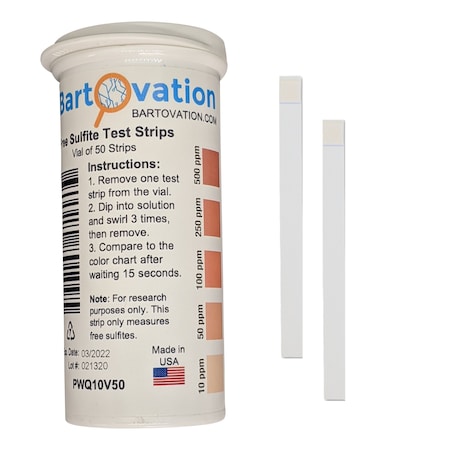 Bartovation Free Sulfite Test Strips, 10-500 ppm [Vial of 50 Plastic Strips] PWQ10V50