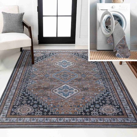Jonathan Y Dalyan Geometric Medallions Non-Slip Machine-Washable Brown/Blue/Gray 3 ft. x 5 ft. Area Rug WSH101B-3