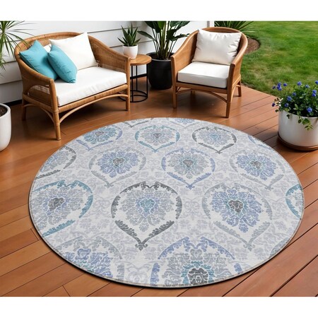 Homeroots 8' Gray And Denim Blue Round Medallion Washable Indoor Outdoor Area Rug 587658