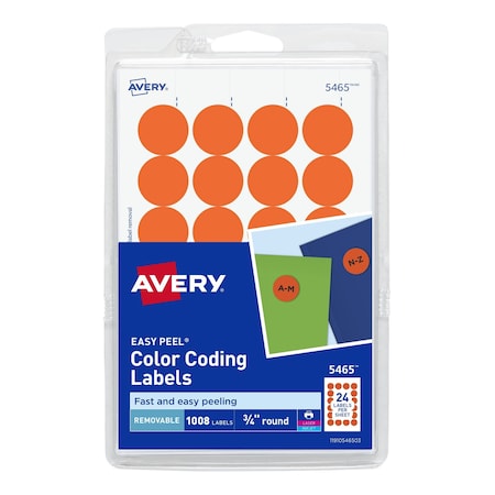 Avery Laser/Inkjet Label, 3/4 in Label W, 3/4 in Label H, 24 Labels per Sheet Orange 727825465