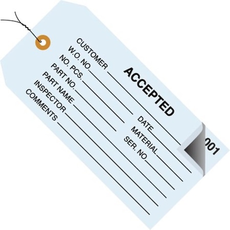 Partners Brand Inspection Tags, 2 Part, Numbered 001-499, Pre-Wired, "Accepted", 4 3/4" x 2 3/8", Blue, PK500 G21013