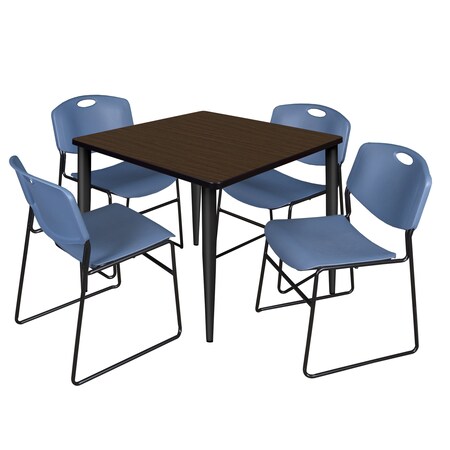 Regency Square Kahlo Breakroom Table W/ 4 Zeng Stack Chairs, 42 in W, 42 in L, Neo Walnut TPL4242NWBK44BE