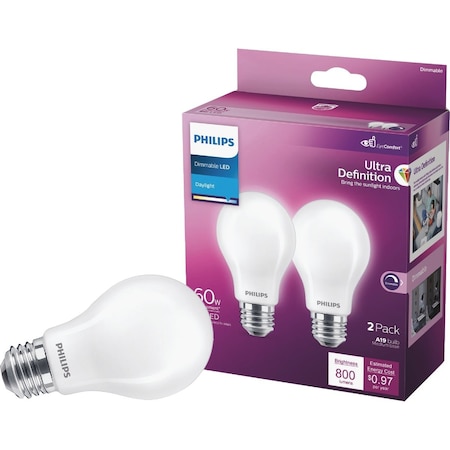 Signify Ultra Definition 60W Equivalent Daylight A19 Medium LED Light Bulb Frosted, 2PK 573444