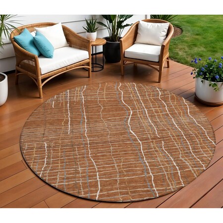 Homeroots 8' Brown Copper And Gray Round Striped Washable Indoor Outdoor Area Rug 597423