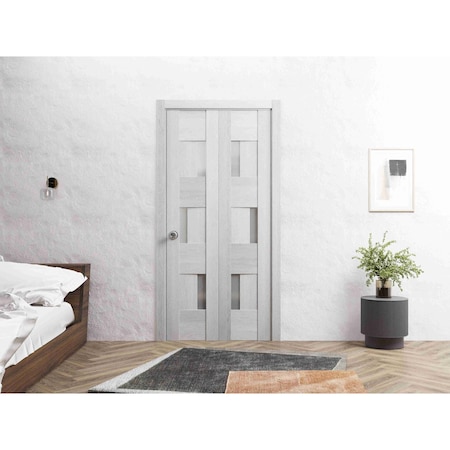 Vdomdoors Sliding Closet Bi-fold Doors 36 x 80in, Sete 6933 Light Grey Oak W/ Frosted Glass, Sturdy Tracks SETE6933BF-OAK-36