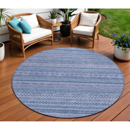 Homeroots 8' Denim Blue And Sky Blue Round Striped Washable Indoor Outdoor Area Rug 615346