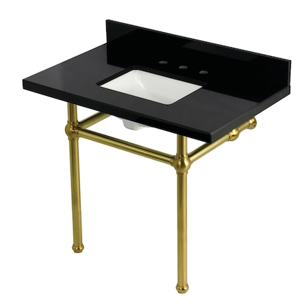 Kingston Brass 36" Black Granite Console Sink with Brass Legs, 8-Inch, 3-Hole, Black Granite/Brushed Brass KVPK3630KBSQ7