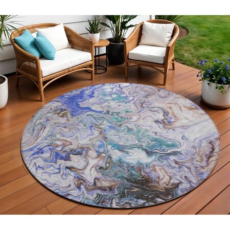 Homeroots 8' Beige Blue And Taupe Round Abstract Washable Indoor Outdoor Area Rug 577952