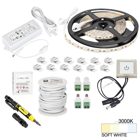 Task Lighting 16 Ft., 225 Lumens/Ft. 12 V Std Output Touch Dimmer Switch Tape Light Kit, Sgl-Wht, Soft. Wht 3000K L-VTDK-16-30