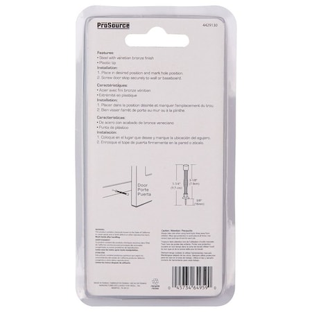 Prosource Light-Duty Door Stop, 3/4 in Dia Base, 3 in Projection, Plastic & Steel, Venetian Bronze H61-Z019C-VB-PS