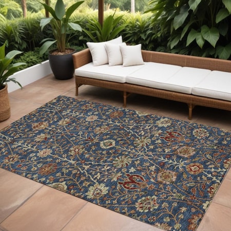 Homeroots 8' X 10' Navy Blue Brown And Red Floral Washable Indoor Outdoor Area Rug 603428
