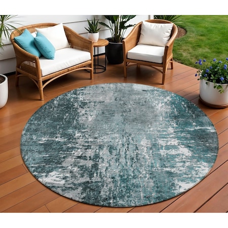 Homeroots 8' Teal Blue Gray And Charcoal Round Abstract Washable Indoor Outdoor Area Rug 582928