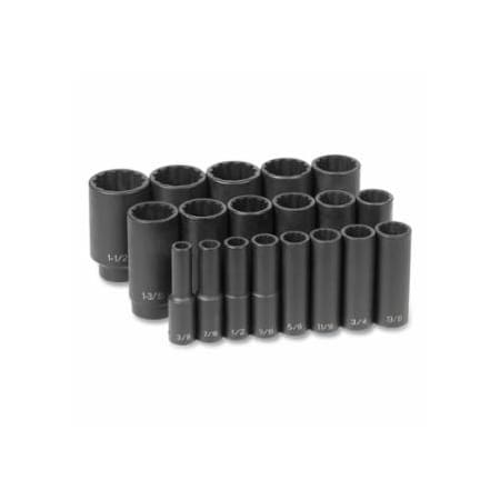 Grey Pneumatic Impact Socket Set, 1/2 in Dr, SAE, 12-point, 3/8 in to 1-1/2 in, 19-Pc Deep Length 914-1719D