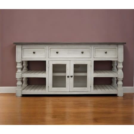 Homeroots 70" Ivory Solid Wood Open shelving Distressed TV Stand 528760