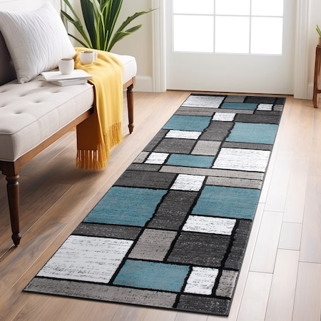 World Rug Gallery Contemporary Modern Boxes Design Soft Runner Rug 2 ft 7 in x 6 ft Gray 106BLUE27X6