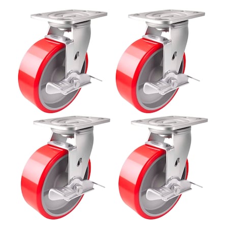 Hyw Products Heavy Duty Caster Set 6in Red Polyurethane on Cast Iron Wheels, 4 Swivel with Brake, 4PK 40-60S-A1-PC-TB-4 (R)