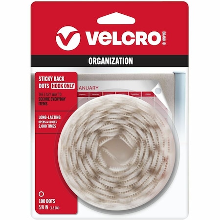 Velcro Brand Sticky Back Tape, Round Coins, 5/8" Size, 100/PK, White VEK90204