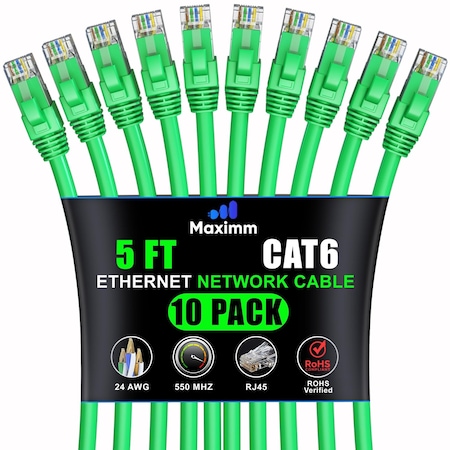 Maximm Cat6 Ethernet Cable 5ft 10Gbps 550MHz UTP, 10PK, Green, 10PK CAT6CCA-5GN10PK