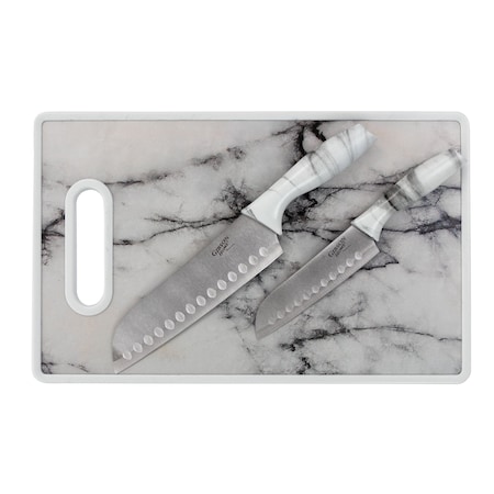 Gibson Home Beaumont 3 Piece Stainless Steel Santoku Knife Set with Cutting Board in White Marble 127587.03