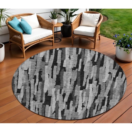 Homeroots 8' Gray And Black Round Striped Washable Indoor Outdoor Area Rug 603223