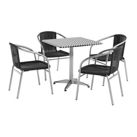 Flash Furniture Square Table Set, Aluminum, Plastic, Rattan, Stainless Steel, Grey TLH-ALUM-28SQ-020BKCHR4-GG