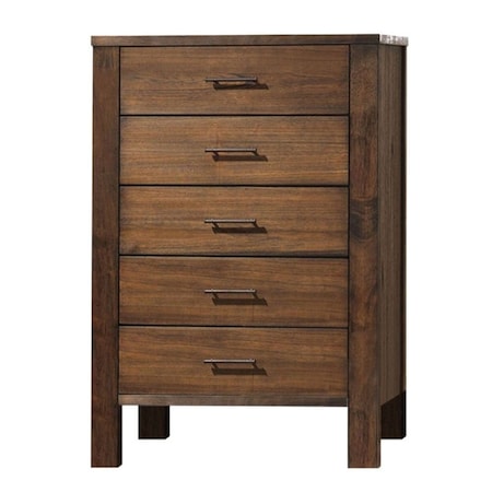 Homeroots 48" Oak Finish 5 Drawer Chest Dresser With Brass Metal Hardware 376967