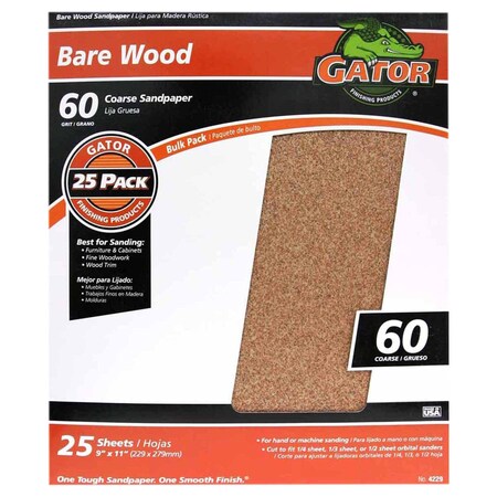 Gator Finishing 9 x 11 in. Bare Wood Sandpaper, 60 Grit, Coarse, 25PK 4229