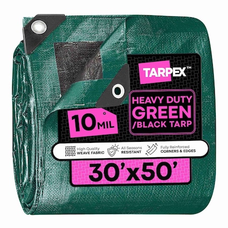 Tarpex Heavy Duty Tarp, 30 ft x 50 ft, 10 Mil, Green/Black, Polyethylene MTGB-TA-3050