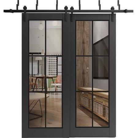 Sartodoors Sliding Closet Clear Glass Barn Bypass Doors, Lucia 2366 Matte Black and Aluminum Strips, Sturdy 6 LUCIA2366BBB-BLK-48 x 84 (2* 24x84)
