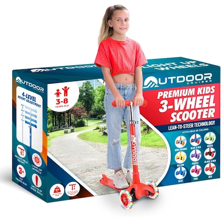 Outdoorcruiser Outdoor Cruiser 3-Wheel Kids Scooter, Lean-to-Steer, LED Wheels, Adjustable, Red, Ages 3-8 OCKSRED