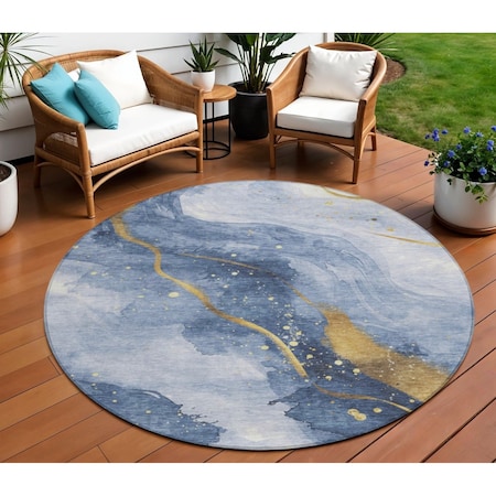 Homeroots 8' Blue And Gold Round Abstract Washable Indoor Outdoor Area Rug 611334