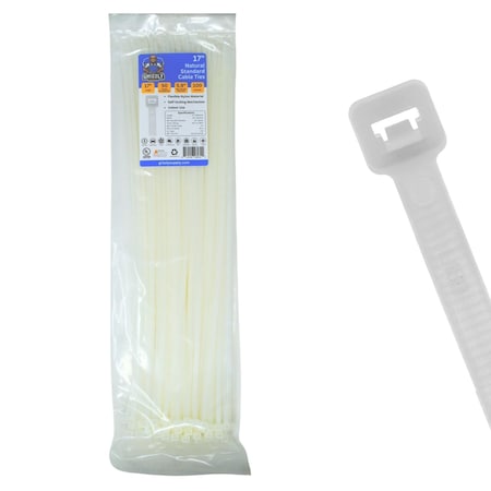 Grizzly Supply Cable Tie, 17 in L, 50 lb Strength, 4.9 in Max Bundle Dia, Nylon 6/6, Natural, 100PK GS-S17-50-9C