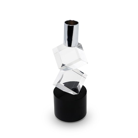 Homeroots 8" Silver Clear And Black Faceted Crystal Tabletop Taper Candlestick 590240