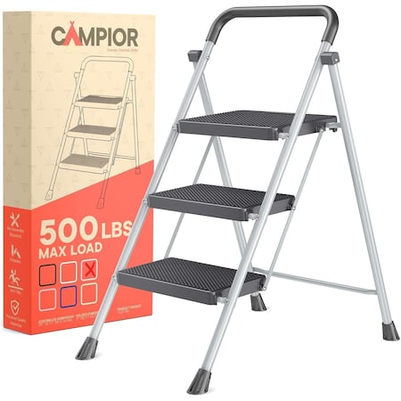 Campior Gray 3-Step Foldable Stool, Heavy-Duty, 500 lbs Capacity, Anti-Slip Feet, Steel Frame, Space-Saving DRIB3STPGRY