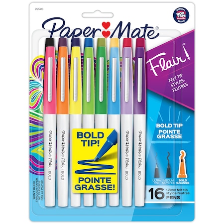Paper Mate Flair Felt Tip Pens, Bold Tip 1.2 mm, 16 Assorted Colors 2125413
