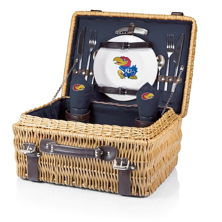 Picnic Time Family Of Brands NCAA Kansas Jayhawks Champion Picnic Basket for 2, Large Wicker Picnic Set 208-40-138-244-0